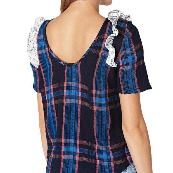 ACE & JIG Fiddle top plaid ruffle shoulder reversible blouse in River Size M - Picture 6 of 12